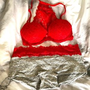 VS Pink Red Lace Bra w/ Matching Panties